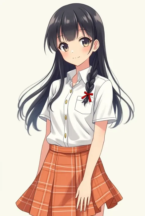 Anime school girl with Black Hair in a Plaod Orange Skirt and a button up white short sleeve shirt. 