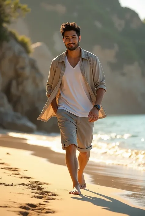 Handsome Asian man walking along the seaside, cool atmosphere, morning sunlight, wearing comfortable clothes, walking barefoot, rocks, sand. 