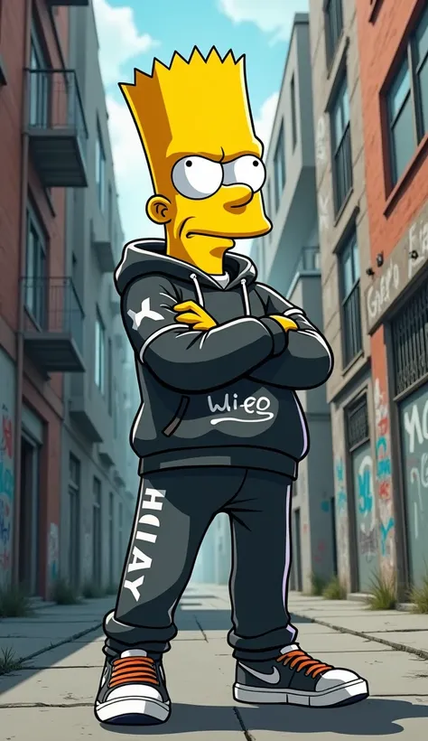 Bart Simpson en tenue de voyou dans une cité : Bart est habillé en survêtement avec des détails urbains, comme une capuche et des chaussures de sport. Il se tient dans une cité avec des bâtiments en béton et des tags sur les murs. Son expression est de déf...