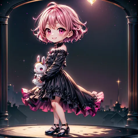 chibi、magenta background、black clothes、common sense stands on long sleeves、shoulders are exposed、one piece flare skirt、holding a...