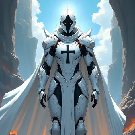 Master of the Teutonic Order, Futuristic fantasy, anime drawing, technomagical white armor with black cross, full length