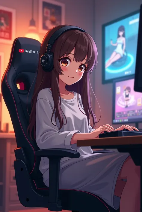 A cute  anime girl age 18 with long hair and baggy clothes sit on  gaming front side face
chair and baground have anime  pic and youtube  name story teller riha face front brown eyes with two thik breads also