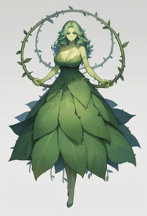 Full body, Cgi 3d anime suave, Majestic pose, majestic scene, serious expression, magic Florest on background, vines with thorn around, plant woman,vine and leaves villain dress, leaves long green hair, full green skin, green eyes, Milf, Anime style, best ...