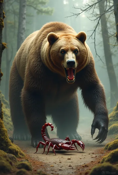 Make a monster photo in which there is a  bear on the left and a Scorpion  on the right.