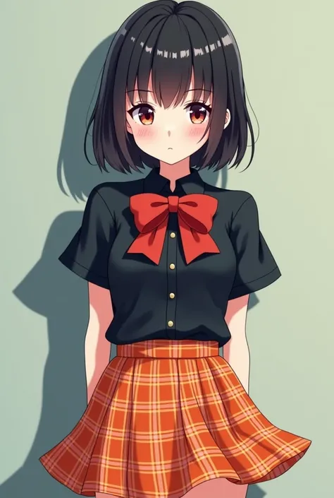 Anime school girl with Black Hair in a Plaid Orange Skirt and a button up Black short sleeve shirt and red neck tie color bow