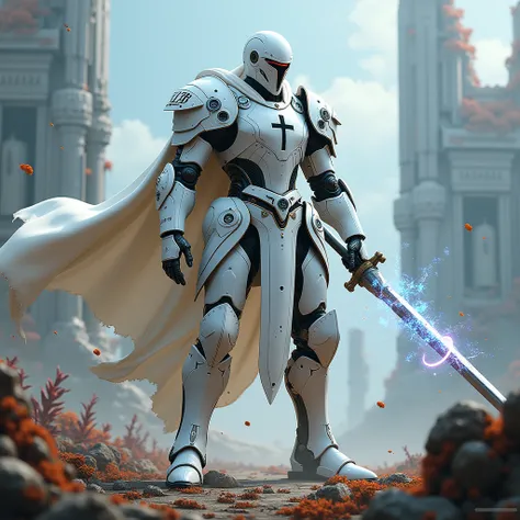 Panzerknight of the Teutonic Order fights, Futuristic fantasy, technomagical white armor with black cross, full length, action