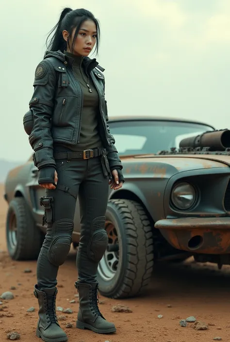 ８ｋ,Realistic Skin Texture、Superrealism、Realistic Photo、Japanese women、mad max images、In the wasteland、Rider&#39;s jacket with protectors、Standing next to a beat-up black supercharged car、boots、Determined to Revenge、Surrealism, 