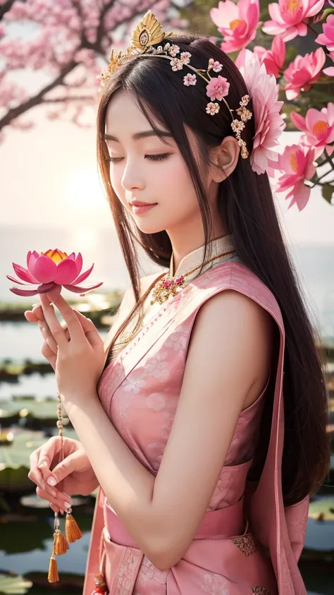 Stone Kannon　Eyes closed　Facing forward　Holding a red lotus flower in each hand、Gorgeous flower decoration in hair　crown　Carrying a halo　Overall pink　