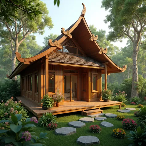 Picture of a modern Thai wooden house, beautiful and realistic, located in nature with trees and flowers around, with soft sunlight shining through the wooden roof."