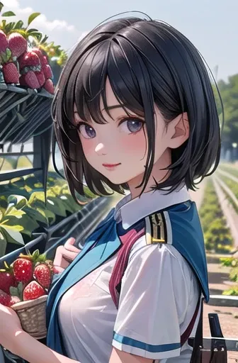 Best Quality, Ultra-high resolution, (1 girl:1.4), Alone,(Upper Body:1.2),  (Photorealistic:1.4), (Cute Teenage Girls:1.2),Big Breasts,Long black hair, Parted bangs,Air Van, Red lips,Light_smile,(Short Hair), Wet, Messy_Blue Hair, Protruding,(uniform:1.4),...