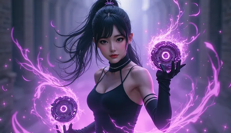 Korean girl face of 19 years wearing black top holding a bat style Beyblade, purplish aura and blackish magic patterns behind her radiating unlimited dark energy 