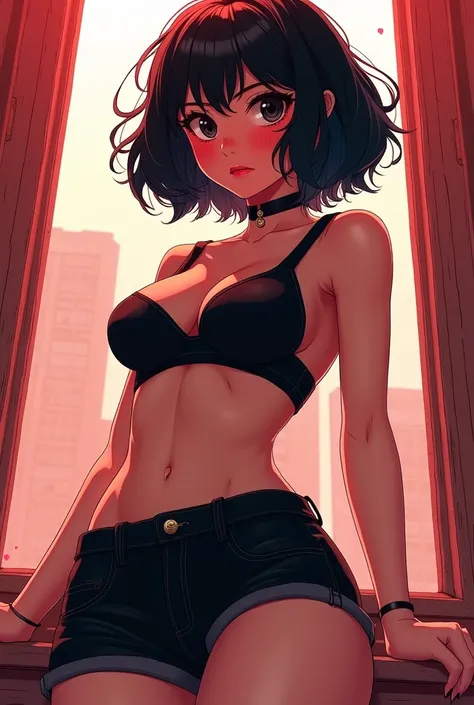 A woman with short black hair, black shorts, wearing a crop top that reveals her sexy belly, black eyes with heart shapes, red face, standing pose, bottom view, Manhwa.