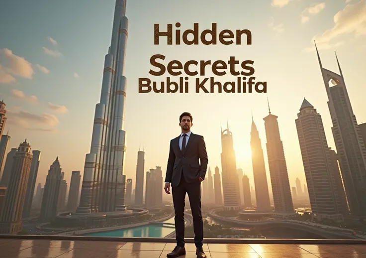 Burj Khalifa, YouTube thumbnail written in the front “ Hidden secrets of Burj Khalifa” Also, so a person In the front. Make the photo realistic and give the realistic colours