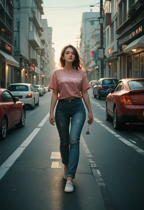 The flow of vision of a beautiful woman, walking down the street, Her pink t-shirt and faded blue jeans, sunlit, a red car drives by in the background, and a world of flickering light.  