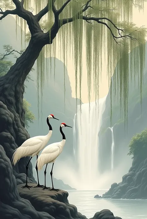 The whole willow tree moves downward in the picture.，Two cranes lean forward against a willow tree，Waterfall Landscape Painting