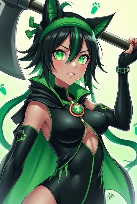 Anime style design of a strong young woman, with black hair with two green strands in the front, with bright emerald green feline eyes and a green and black band on the forehead, wearing a black hunter outfit with mostly dark green thus showing off her imp...