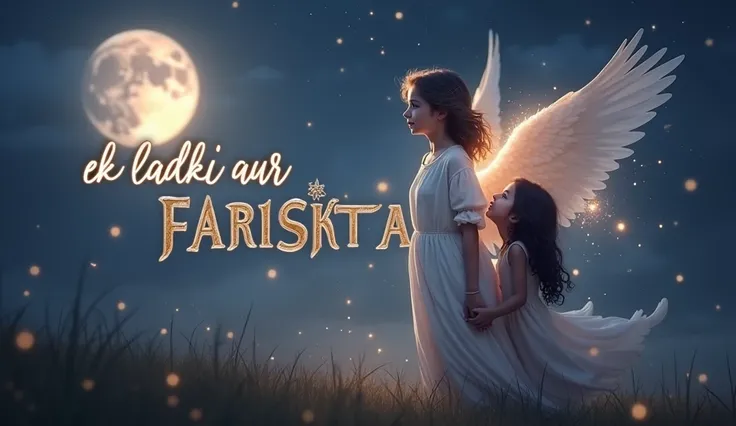 Design a captivating thumbnail for **"Ek Ladki Aur Farishta"** featuring a young girl (the "ladki") and a radiant angel (the "farishta"). - **Main Focus**: Position the girl and the angel in a central, harmonious composition. The girl should be depicted wi...