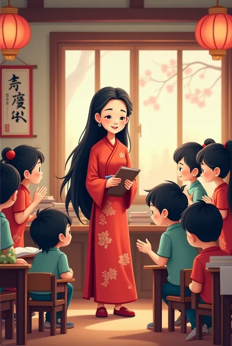 A cartoon image depicting a Chinese long-haired female teacher，Emphasize that the teacher has worked hard in class，Students bowing to express their gratitude after class，The picture says that the teacher has worked hard.