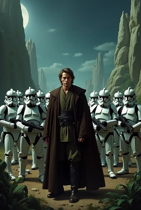  Star wars reveng of the sith movie, anakin Skywalker with 10 clone troopers  in the back ground, in alien planet, big alien rocks  in the green colors plants, night time, star wars revenge of the sith film accurate, Hayden Christensen face as Anakin Skywa...