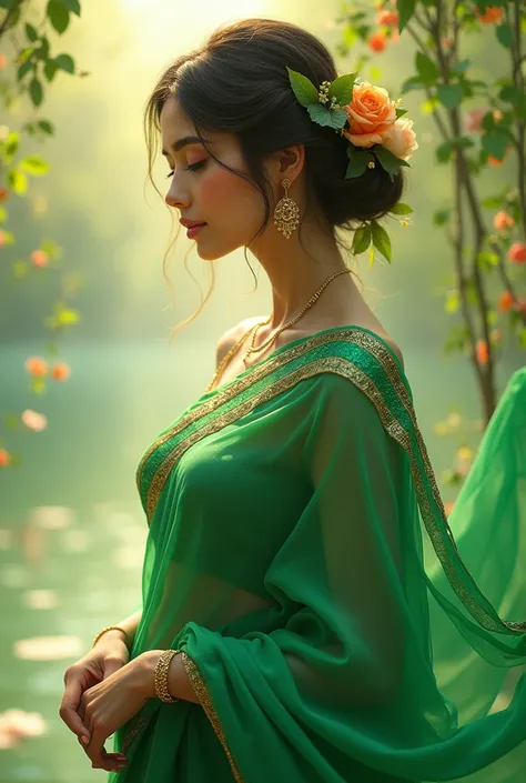 Expand it to a green saree with pleasant background 