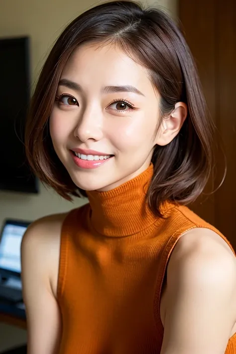 Beautiful Japanese Woman、Age 32、Angle from below、Sleeveless turtleneck knit sweater、Round Glasses、smile、Beautiful Skin、Sunburned skin、Glowing Skin、Sweaty body、Small face、Beautiful face line、Glowing Face、Redhead、Short Hair、Wavy Hair、boyish、Brown eyes、Deep d...