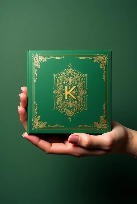 Music album of a k-pop group named kingdom, that the colors are based on green and gold and that it is held by a male hand where the background is normal 