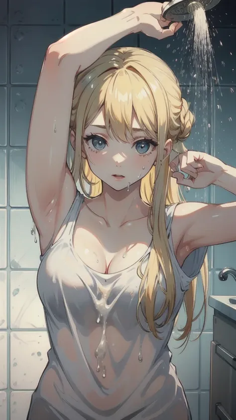 blond girl in shower cleaning her self, soup bubbles on her, hot water falling from shower, fog