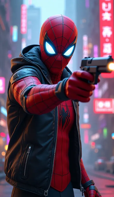 "22. A 3D render of a cyberpunk artwork by CJ84. The artwork is a mesmerizing scene with abstract brushstrokes of vibrant colors. The background is alive with neon graffiti, futuristic heraldry, and a palpable sense of movement. Spiderman holding a dual-wi...