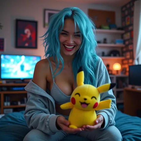 A laughing beautiful biracial latina woman with long messy light blue hair, large breasts,in a messy  gamer bedroom, play video games, wear jogging and bra both grey, pov De Côté, she throw a pikachu plush to the viewer 