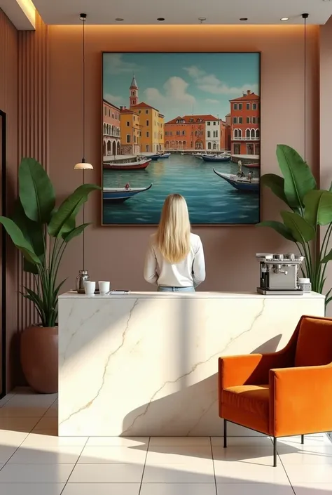 Professional 3d architecture rendering design of modern and minimal design for barber shop’s coffee bar with  very big poster  cobism style painting from Venice’s  sea street with boats  and  so white  cream marble slab stone for counter  with coffee maker...