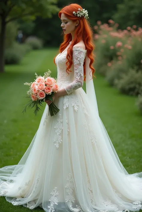 Tall woman with red hair wearing a white Cinderella style wedding dress with lace details  , on a lawn with a bouquet of salmon-colored roses 