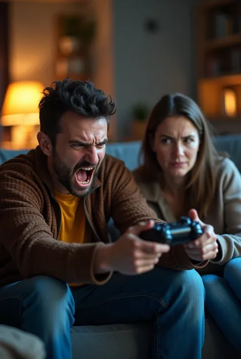 a man playing game and he is being angry because of losing and his wife next to him is watching him