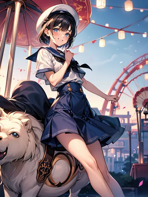 Best Quality, (1boy1.5),Androgynous male,Flat Chest,Black Hair,Short Bob Cut,White and light blue sailor uniform,Hat with ribbon,Mini skirt dress,Ribbon on waist,Short sleeve,Laugh shyly, wind,smile,blush, Character Portrait, Amusement park at night,(Ridin...