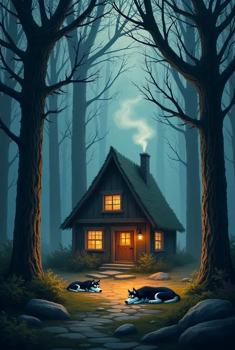 A single cottage in a dense forest with dark environment and husky dogs infront of the cottage are sleeping 