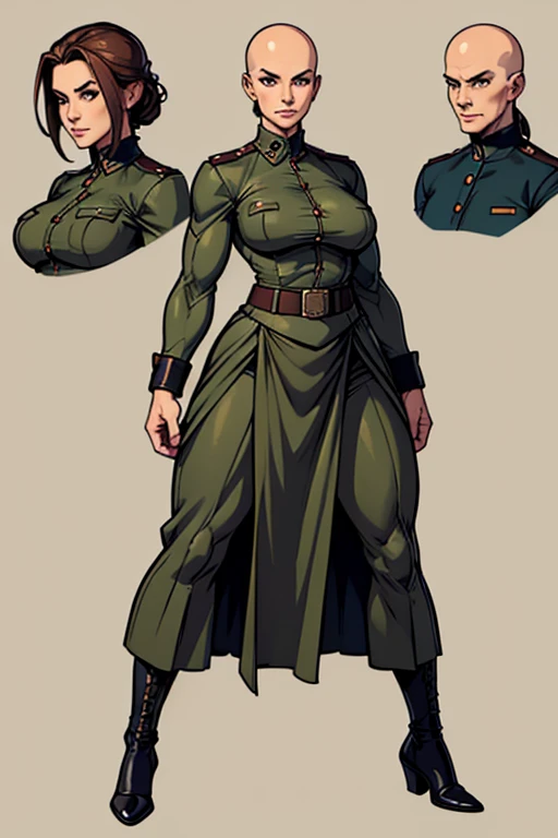 digital art, highly detailed, reference sheet, standing pose, feminine features, mature woman, adult female, muscular figure, six-pack abs, whole body, bald, form-fitting, ww2 military army uniform, long skirt, shoes, 1woman, solo, upper body, lower body, ...