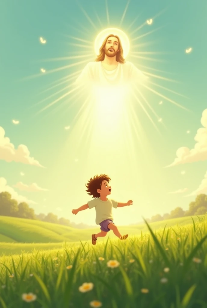 Create a animation showing a child in the field playing and Jesus is looking at him from the sky. It should show humility, simplicity and freedom. Jesus should be in the sky