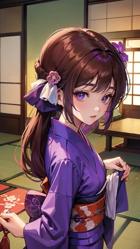 Brown Hair、semi-long、Blue-purple kimono、sumire kanzaki、((Background: Ryokan room))