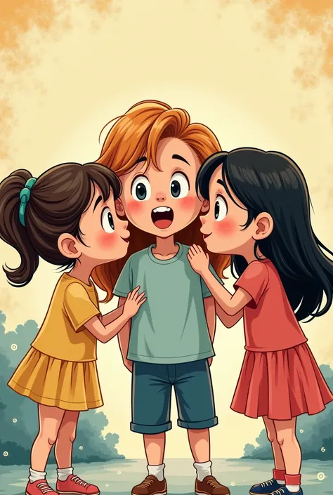 3 girls telling a secret to a boy, in semi-cartoon comic style