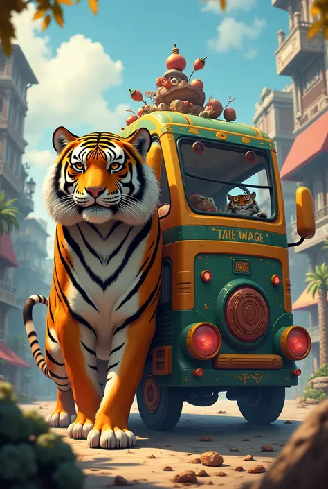 A tiger and a bus with a body