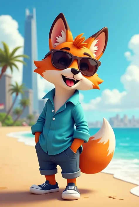 a fox in a blue shirt and sunglasses standing on a beach in the background and a city skyline, Dom Qwek, furry art, trending on furaffinity, concept art