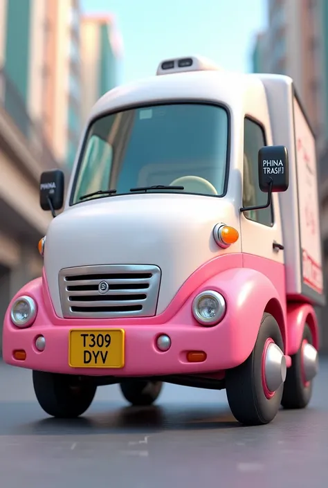 Create a 3D image of a white and pink SHACMAM truck with a yellow license plate that reads T309 DYV" on the front, and the words PHINA TRANSIT" written on the mirror