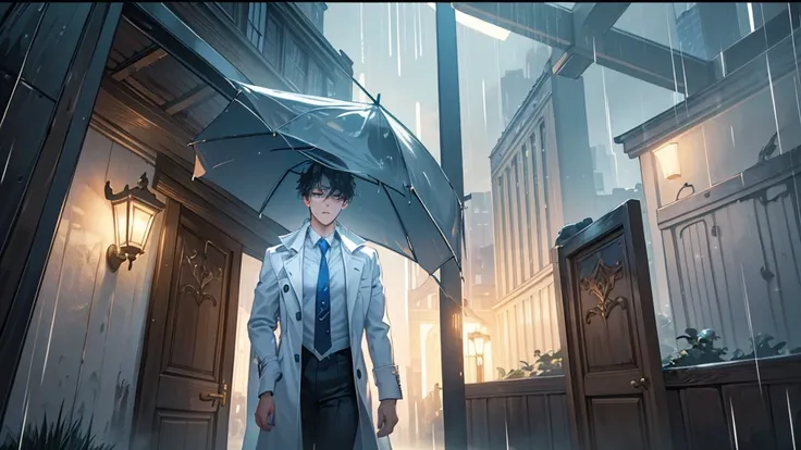 Best Quality, masterpiece, High resolution, A handsome man with rabbit ears wearing a white coat and a sky blue tie，Androgynous handsome man，Heavy rain falling，His hair and face are wet from the rain，Nostalgic Building，Outdoor，He knocks on the wooden door，...