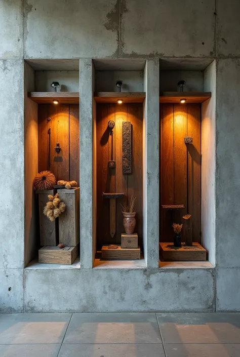 An industrial-style concrete wall with three recessed rectangular boxes, each with two light bulbs side by side at the top. The boxes are filled with a layered 3D art installation, using a mix of materials like wood, metal, and glass. The lighting from the...