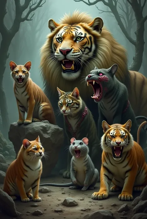 A cat and a rat with a body and a tiger and a lion and zombie