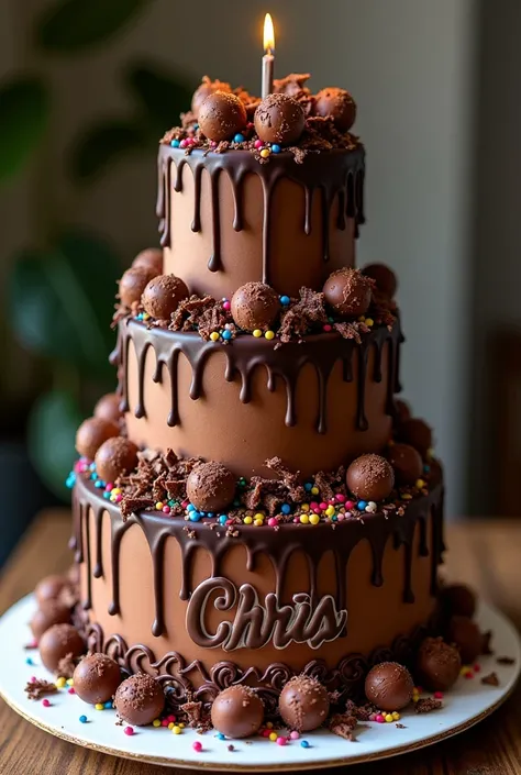 Create me a 3 tier chocolat cake and write on the base, *Happy Birthday Chris. Make the cake decorative for a teenage boy
