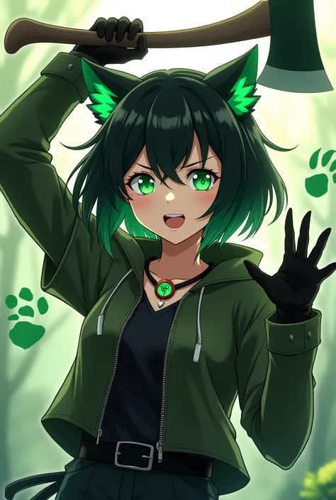  Anime style design of a young, semi-sturdy woman, with black hair and two strands of green hair in the front of the face, with bright emerald green feline-style eyes, wearing a hunter&#39;s outfit of mostly black and dark green, thus showing his impressiv...