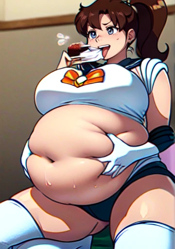 (masterpiece, best quality, 4k), 1girls, big belly, blurry background, huge belly, art by kipteitei, round belly, chubby, curvy, long hair, brown hair, ponytail,mini skirt, thighhighs, simple_background, gradient_background, belly bursting out of sailor mo...