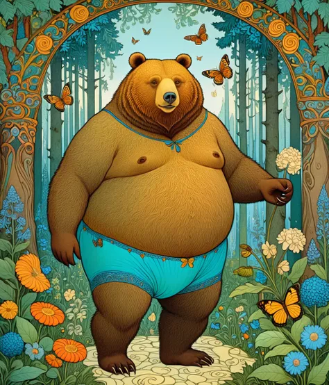 ivan bilibin style page, (cute, fat, obese, anthro, male, bear), solo, full body, ((cyan briefs)), dynamic pose, enchanted fores...