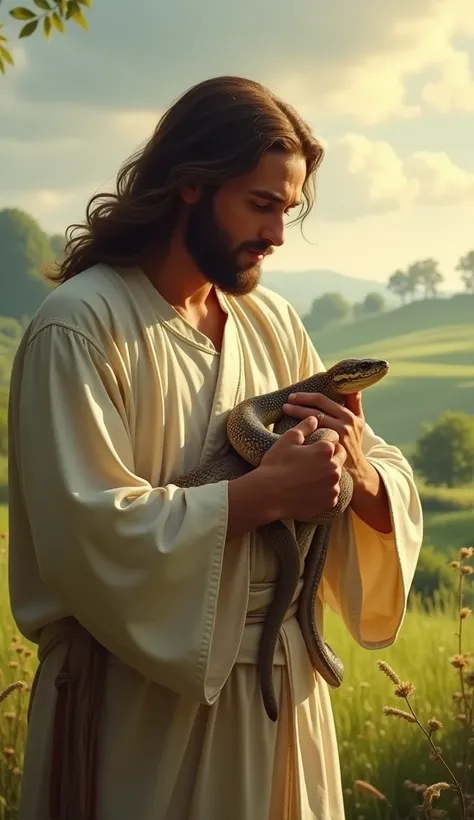 Create a heartwarming scene featuring Jesus in a serene, pastoral setting. 
He is gently cradling a small snake in his arms, feeding it with care. 