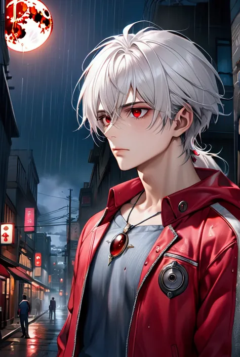 (best quality,8k,highres,masterpiece:1.2),ultra-detailed,(realistic,photorealistic,photo-realistic:1.37), ((high quality)), ((8K Ultra HD)), ((masterpiece)), red eyes, 1male, crimson jacket, indigo shirt, grey Jeans, red-crescents moon necklace, Anatomical...